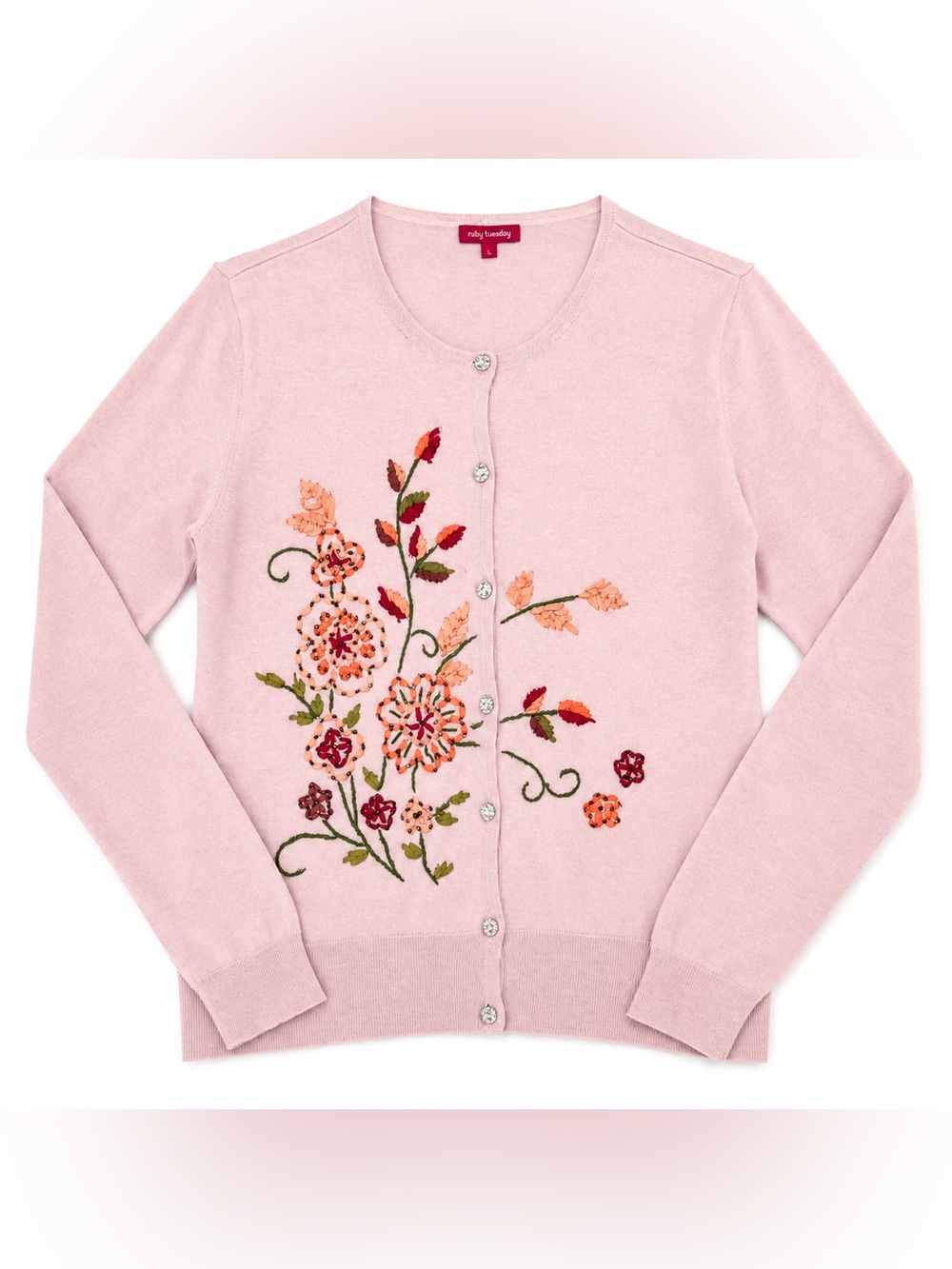 Embroidered Pink Floral Crew Cardigan